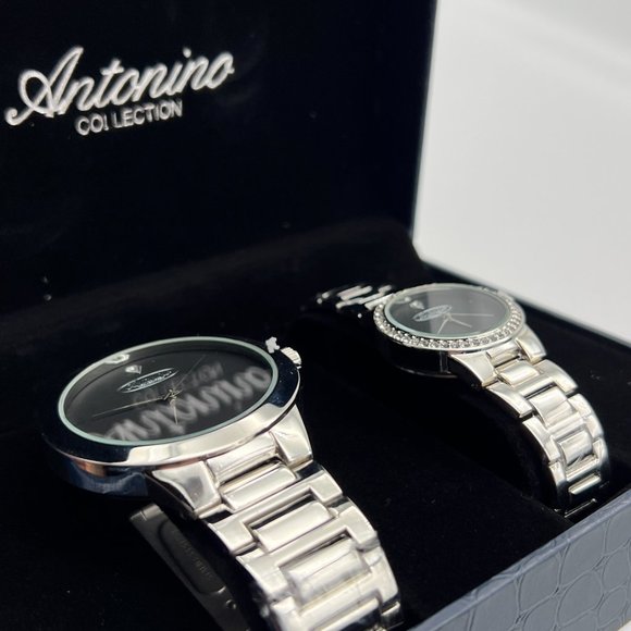 Antonino Collection His & Hers Silver Watch Set – Black Dial Gift Box - Picture 2 of 8